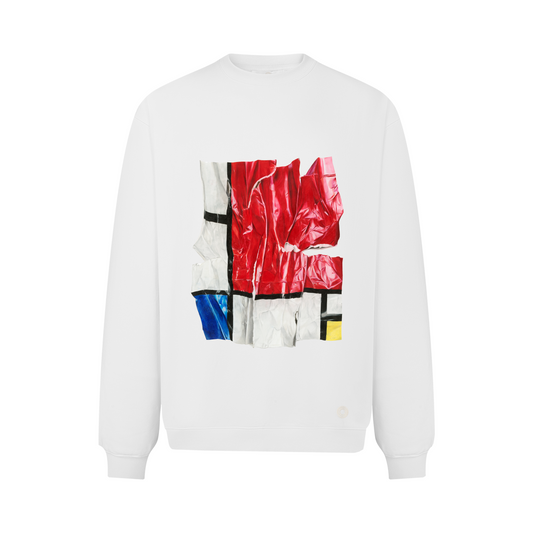 J Shin Chen Composition with Red, Yellow and Blue Crew Neck